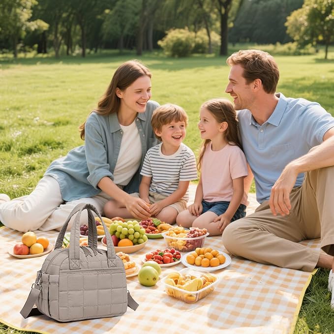 LEDAOU Lunch Box for Women Lunch bag Quilted Puffer Lunch Box with Adjustable Strap Insulated Reusable LunchBox for Work School Picnic Travel (Grey)