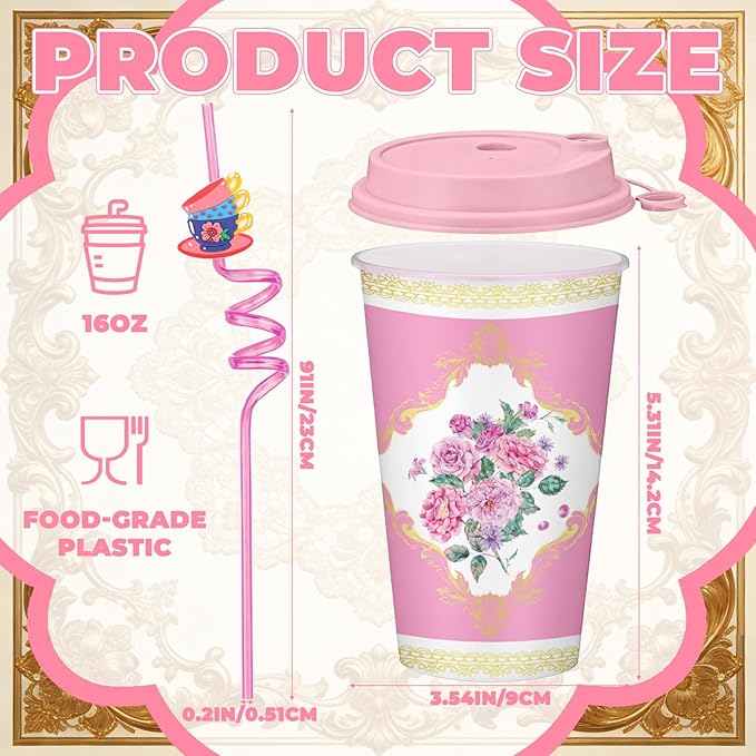 24 Set Flower Cups for Tea Party Tumbler 16 oz Vintage Floral Cup with Straw Lid Tea Party Disposable Plastic Cup Flower Coffee Tumbler Bulk Spring Mug Wedding Mother Hot Cold Drink Birthday Supply