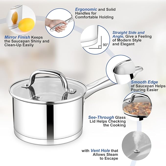 TeamFar Saucepan, 3 qt Stainless Steel Sauce Milk Pan & Lid with Tri-ply Bottom, Home/Kitchen Induction Pot for Cooking/Boiling/Warming/Stewing, Healthy & Heavy Duty, Dishwasher Safe