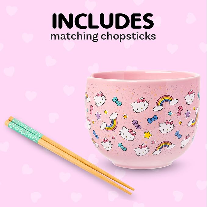 Silver Buffalo Sanrio Hello Kitty Bows Stars Rainbow Pattern Ceramic Ramen Noodle Rice Bowl with Chopsticks, Microwave Safe, 20 Ounces