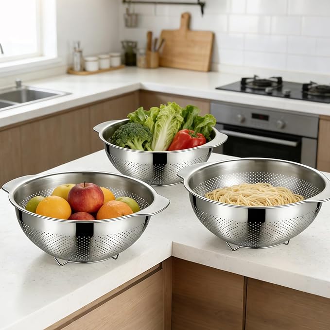 Colanders & Food Strainers,304 Stainless Steel Colander,3 Pcs Kitchen Strainers & Colanders for Pasta, Rice, Vegetables,Dishwasher Safe Metal Colander with Handles,Kitchen Gift(2.5QT, 3.5QT, 5QT)