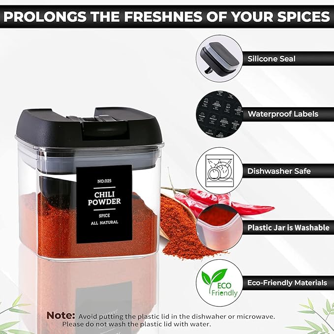 Spice Containers with Labels, 9 Pcs 16 Fl Oz Large Plastic Tea Storage Containers with 148 Spice Labels and 9 Spoons, Square Airtight Seasoning Containers Set with black Lids for Kitchen Pantry Coffee