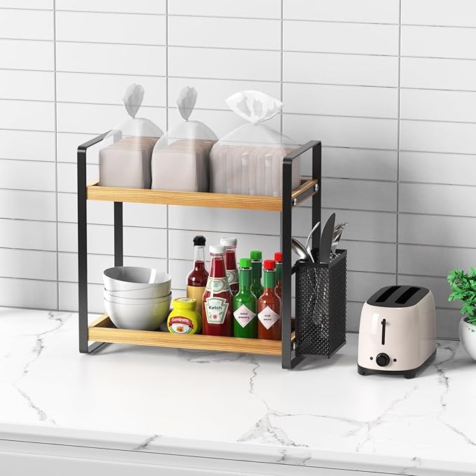 LEMIKKLE 2-Tier Coffee Bar Organizer With Basket,Wooden Shelf for Coffee Bar Accessories,Spice Rack Organizer for Countertop-Brown
