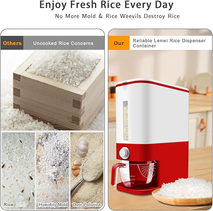 22-25 Lbs Rice Dispenser, Large Cereal Dry Food Storage Containers with Measuring Cup, BPA-Free Household for Kitchen Pantry Organization-Red