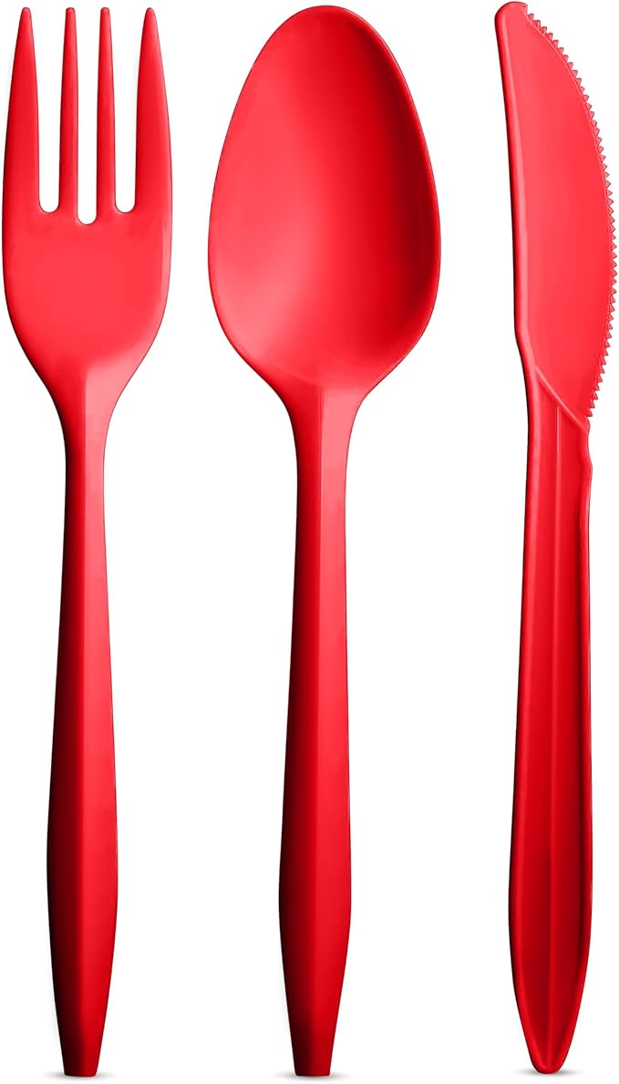 1000 Count Red Silverware Set, 334 Forks, 333 Spoons, 333 Knives, Medium Weight BPA Free Disposable Plastic Cutlery Set, Bulk Combo Pack Flatware Set for Party Supplies