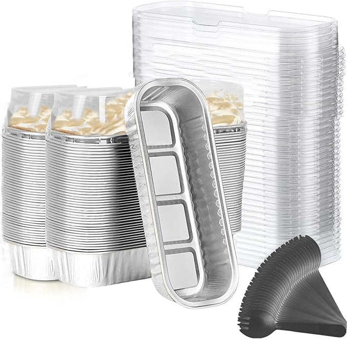 Mini Loaf Baking Pans with Lids And Spoons (100 Pack, 6.8oz) Rectangle Aluminum Foil Baking Pans Tins Containers - Cupcake Containers Wrappers Cheesecake Creme Brulee Ramekins