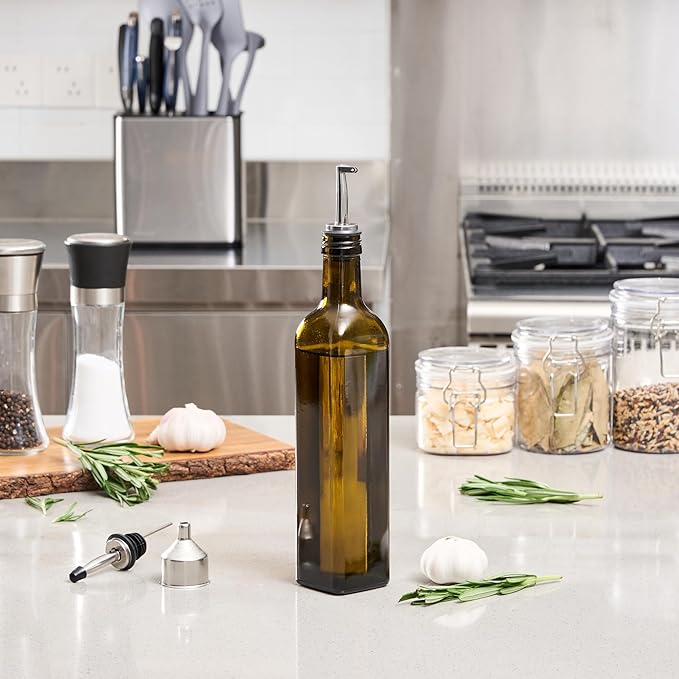 Restaurantware RW Base 16.9 Ounce Olive Oil Dispenser 1 Kitchen Oil Dispenser Bottle - With Stainless Steel Pourer Non-Leaking Amber Glass Olive Oil Pourer For Cooking Or Salad Dressings