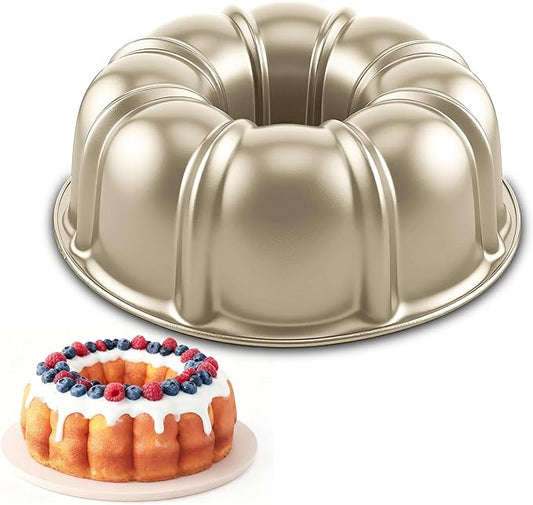 10 Inch Cake Pan, Nonstick Round Fluted Tube Cake Baking Pan, Buntz Pound Cake Mold,Tube Bakeware,Baking Mold for Jello/Gelatin/Chocoflan, Non Toxic, Easy Clean - Gold