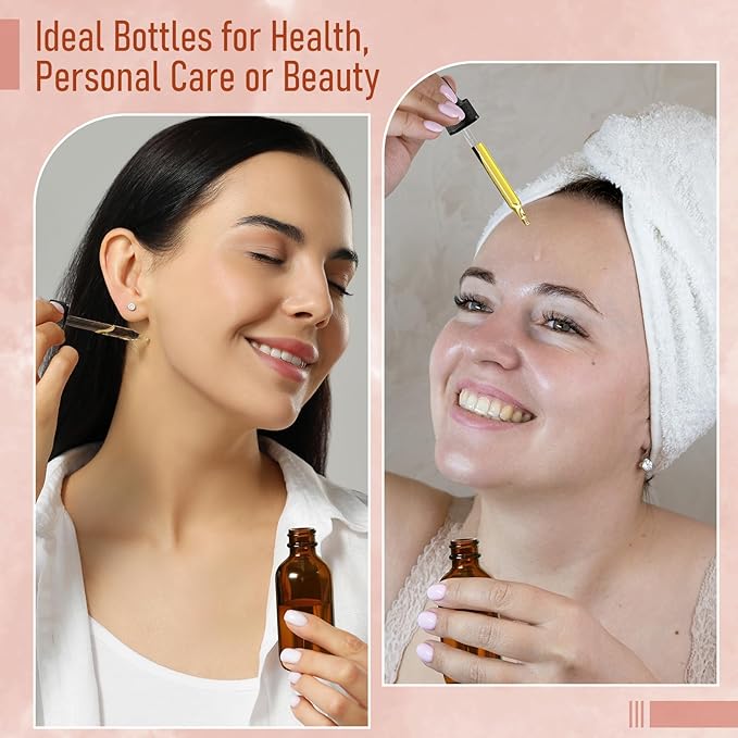 4 Pack, 2 oz Dropper Bottles with 2pcs Glass Pipettes(1ml) - Essential Oils Bottles for Health, Personal Care & Beauty - 60ml Thick Dark Amber Glass Tincture Bottle with Eye Droppers, Leakproof
