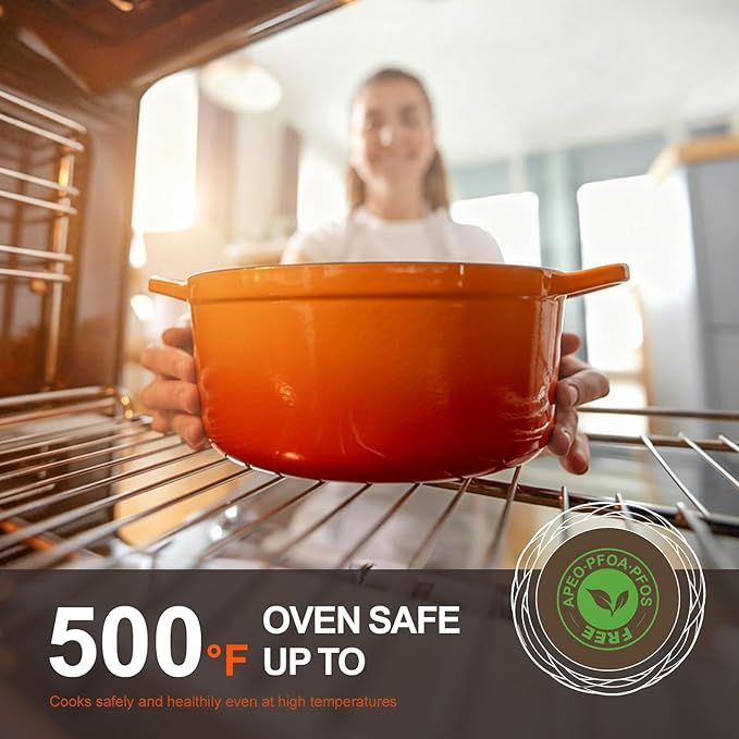 Overmont Enameled Cast Iron Dutch Oven - 5.5QT Pot with Wide Handles Lid Cookbook & Cotton Potholders - Heavy-Duty Pre-Seasoned Cookware Oven Safe to 500°F for Braising, Stews, Roasting, Bread Baking