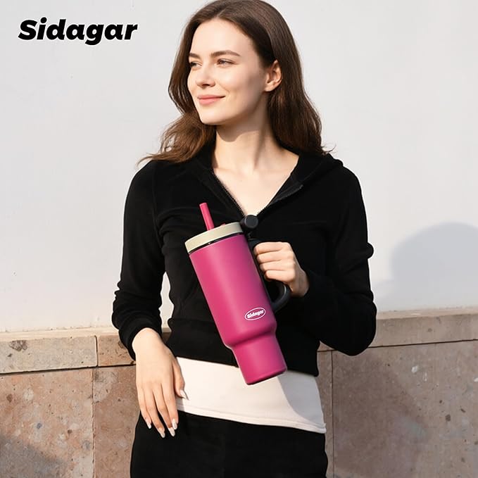 Tumbler with Handle,36 oz Ceramic Lined Travel Mug Water Bottle with Straw,Vacuum Insulated Stainless Steel Cup with Lid,Fits Cup Holder, Leak Resistant Press-in Lid, Purple
