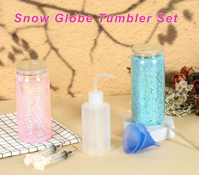 15 Pack Acrylic Snow Globe Tumbler, 20 Oz Pre Drilled Double Wall Snow Globe with Bamboo Lid Supplies Kit, Plastic Snowglobe Tumbler Diy Kit Including Cups And Diy Tools