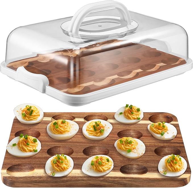 Baderke Easter Gift Acacia Wood Deviled Egg Platter with Lid Base 20 Holes 12 x 8.5 Inch Round Deviled Egg Tray Reversible Charcuterie Board Wooden Eggs Holder Serving Container for Countertop(White)
