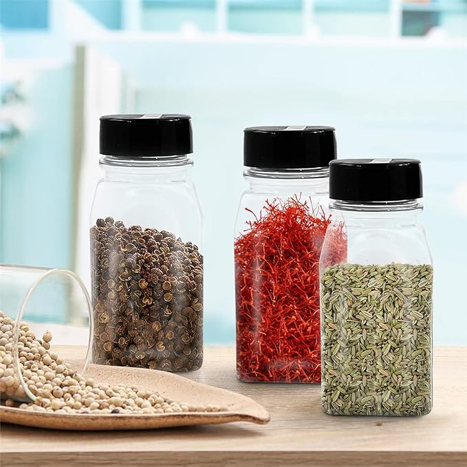 RoyalHouse 6 Pack 9.5 Oz Plastic Spice Jars with Black Cap, Clear and Safe Plastic Bottle Containers with Shaker Lids for Storing Spice, Herbs and Seasoning Powders, BPA Free, Made in USA
