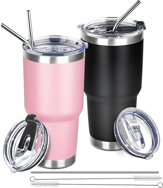 30 oz Tumbler with Lids and Straws Double Wall Vacuum Insulated Tumbler,Stainless Steel Leak-proof Tumbler Cup Powder Coated Travel Coffee Mug for Cold and Hot Drinks,Black Pink,2 pack