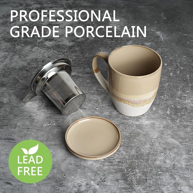 Bosmarlin Ceramic Tea Cup with Infuser and Lid, 16 Oz, 5 Colors to Choose, Dishwasher and Microwave Safe, Reactive Glaze, Steeping Tea Mug with Strainer (Brown Grey)