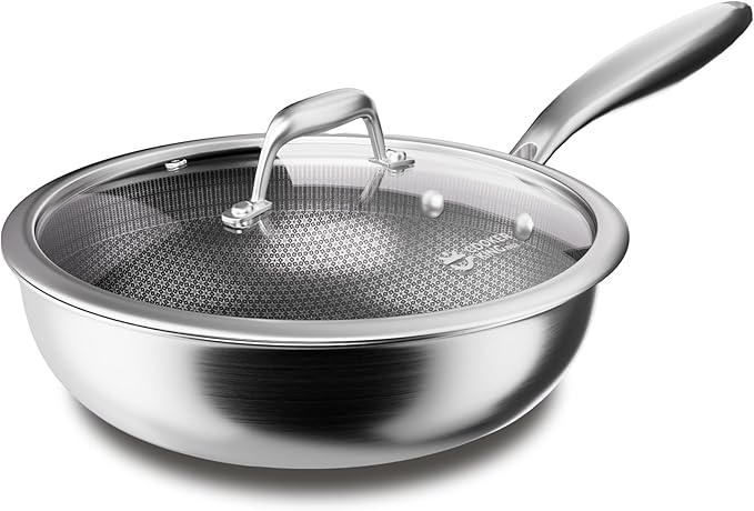 COOKER KING 12-Inch Hybrid Stainless Steel Wok with Lid, Nonstick Stir Fry Pan & Deep Frying Pan, Tri-Ply Clad Honeycomb Everyday Pan, Induction Ready, Oven & Dishwasher Safe, PFOA Free
