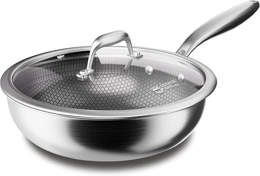 COOKER KING 12-Inch Hybrid Stainless Steel Wok with Lid, Nonstick Stir Fry Pan & Deep Frying Pan, Tri-Ply Clad Honeycomb Everyday Pan, Induction Ready, Oven & Dishwasher Safe, PFOA Free