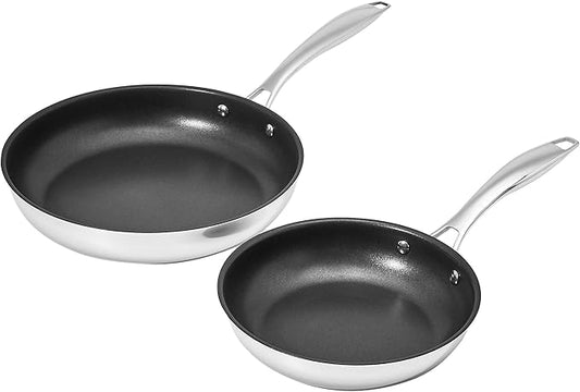 Amazon Basics 2-Piece Non-Stick Stainless Steel Fry Pan Set, Oven Safe, Induction Compatible, Stay-Cool Handles, 10-Inch and 8-Inch