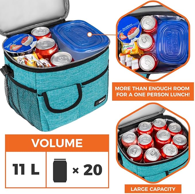 opux Insulated Lunch Bag for Men Women, Leakproof Sea Blue Lunch Box for Work, Portable Soft Lunch Cooler Bag with Shoulder Strap, Adult Lunchbox Lunch Pail for Kid Boy Girl School, 18 Can/10L