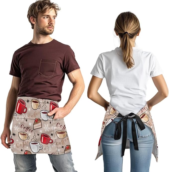 Server Waitress Waist Apron with 3 Pockets, Short Aprons for Servers,Waiter Apron For Waiter Accessories