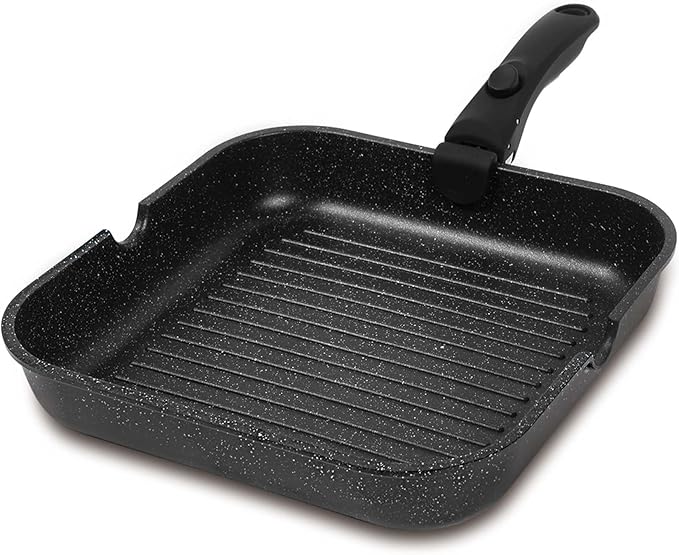 ESLITE LIFE Nonstick Grill Pan with Detachable Handle, Versatile Square Skillet for Indoor Cooking & Outdoor Grilling, PFOA Free, Black-11 Inch