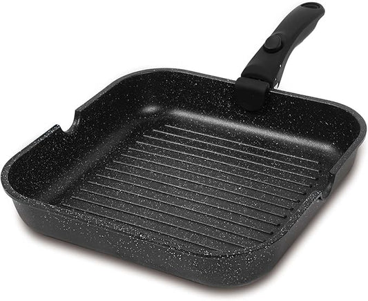 ESLITE LIFE Nonstick Grill Pan with Detachable Handle, Versatile Square Skillet for Indoor Cooking & Outdoor Grilling, PFOA Free, Black-11 Inch