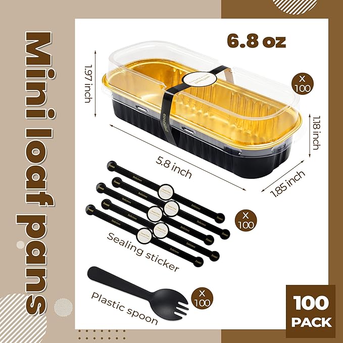 100 Pack Mini Loaf Pans with Lids Rectangle Individual Cake Pans Aluminum Foil Pans for Large Gatherings Picnics Vacations Parties(Black Gold, 6.8 OZ)