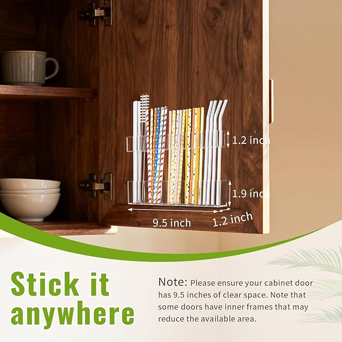 9.5” Large Acrylic Straw Holder for Cabinet Door 2 pack - Reusable tumbler straw organizer, Compact Kitchen Gadget Container, adhesive cupboard door organizer (Transparent)