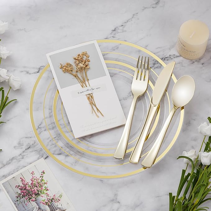BESTVIP 50PCS 7" Clear Gold Plastic Plates, Small Disposable Salad Dessert Plate with Gold Rim, Heavy Duty Disposable Plastic Plates for Party, Wedding and Birthday, Events