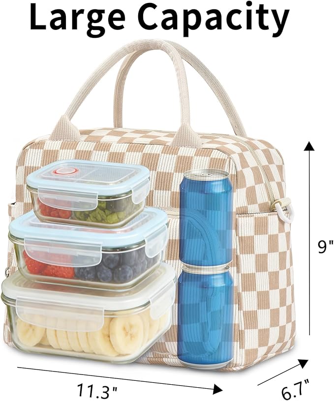 Lunch Box for Women Insulated Lunch Bag Women Adult Cute Lunch Bags Reusable Lunchbox Cooler Tote Bag for Work Picnic (Beige-Brown Plaid)
