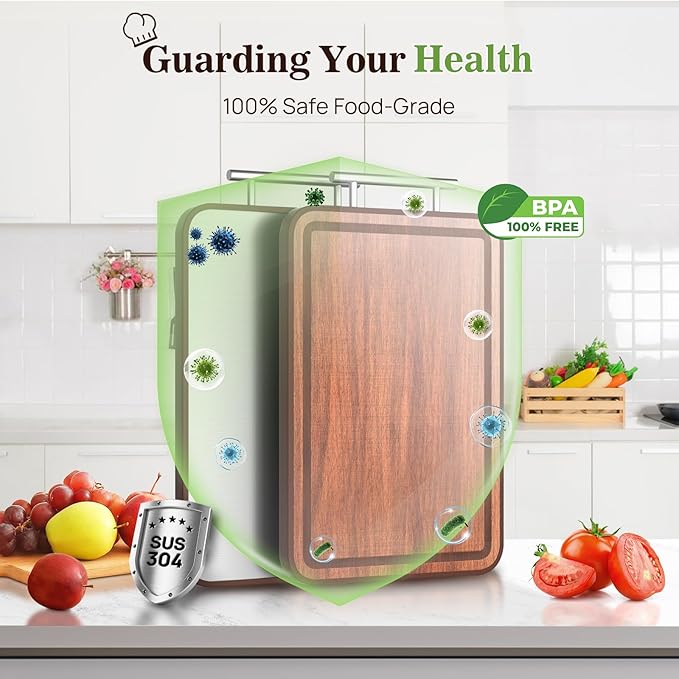 Stainless Steel Cutting Board For Kitchen With Lip(Wood & Metal, 16.3"x11"), Non Plastic Ebony Wood Double Sided Cutting Boards, Charcuterie Chopping Board for Defrost | Best Gift Idea