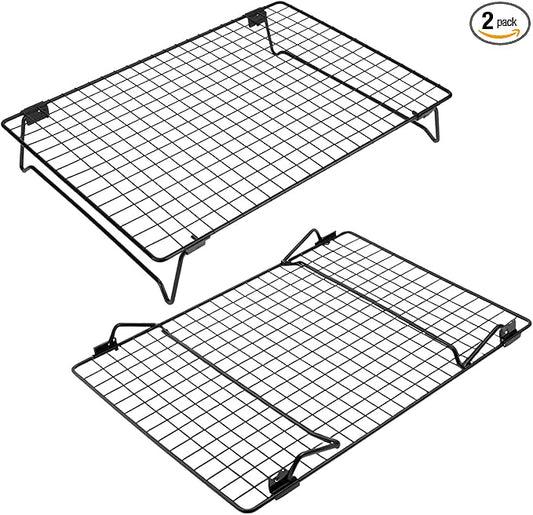 QWORK Stackable Cooling Racks for Baking and Cooking, 2 Pack 13.4x9.4 Inch Nonstick Carbon Steel Wire Rack, Foldable Cooling Rack