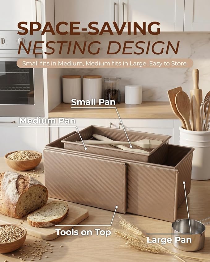 CARTMAN 3-Piece Pullman Loaf Pan with Lid Set – Non-Stick Carbon Steel Bread Pan with Bottom Vents – Includes Large (12.4"), Medium (8.2") & Mini (6.3") Sizes plus Silicone Tools – Champagne Gold