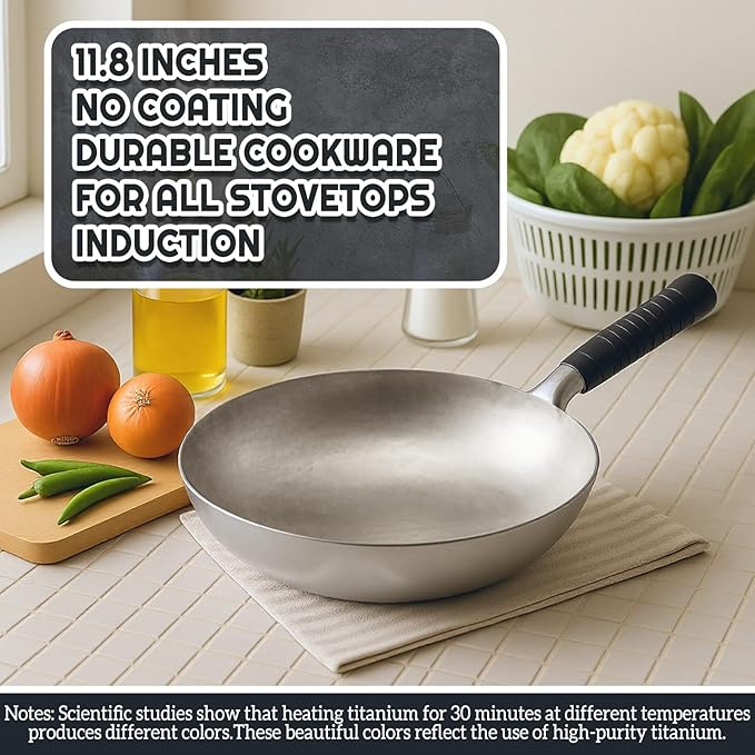 Pure Titanium Wok with Lid, Ultra Lightweight 2.5 Lbs Titanium Wok Single-piece Molded No Coating Rivetless Handcrafted Frying Pan Durable Cookware for Gas Stove Home & Outdoor Camping