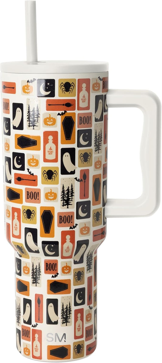 Simple Modern Halloween 40 oz Trek Tumbler with Handle and Straw Lid | Cup Holder Friendly Insulated Stainless Steel Travel Mug | Spooky Stamps on Cream