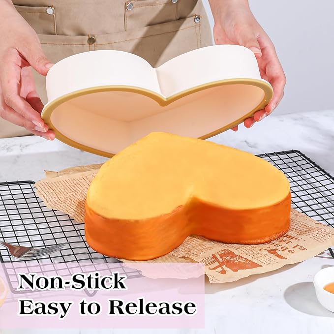 FUNBAKY Metal Reinforced Frame Silicone Heart Shaped Cake Pans - 10 Inch, Nonstick Molds for Cake Pan, Reusable and Easy to Release, Food Grade Silicone for Oven, Dishwasher, Freezer (2 Pack)