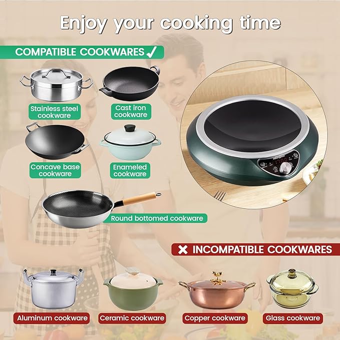 Concave Induction Wok Cooktop 1700W 120V – Continuous Non-Pulsed Heating Stir Fry Burner for Asian Cooking, Stainless Steel Wok Induction Burner for Round Bottom Woks