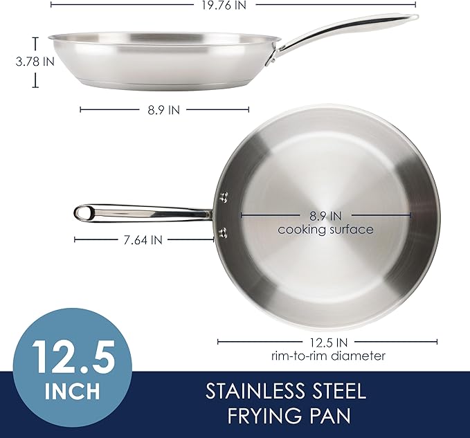 Rachael Ray Professional Stainless Steel Frying Pan/Skillet, Compatible with All Cooktops, Induction Ready, Dishwasher Safe, 12.5 Inch Open Fry Pan - Stainless Steel