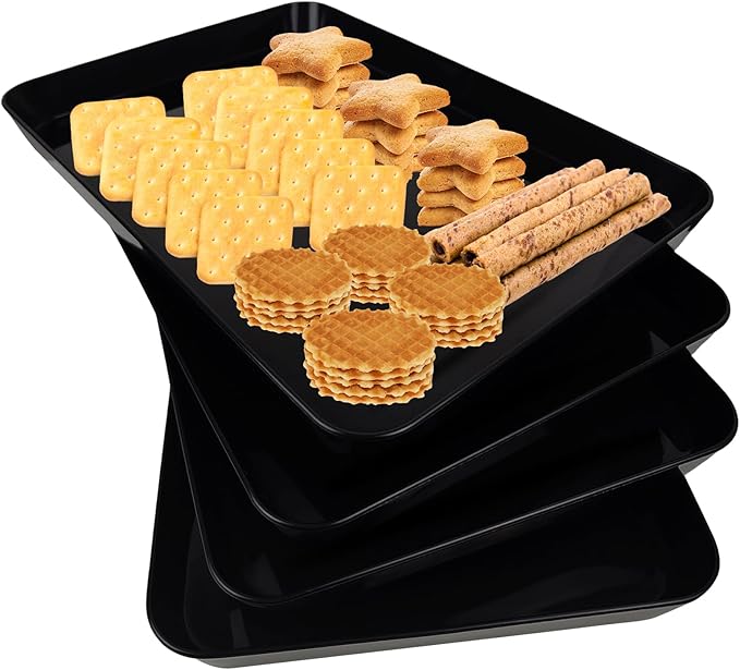 greenandlife 4 pcs 16" x 11" Large Serving Trays for Party Supplies, Plastic Platters for Serving Food, Unbreakable Reusable Trays for Snack, Fruit, Cookies, Desserts in Kitchen, BPA Free, Black