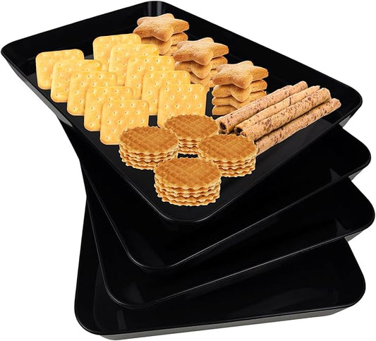 greenandlife 4 pcs 16" x 11" Large Serving Trays for Party Supplies, Plastic Platters for Serving Food, Unbreakable Reusable Trays for Snack, Fruit, Cookies, Desserts in Kitchen, BPA Free, Black