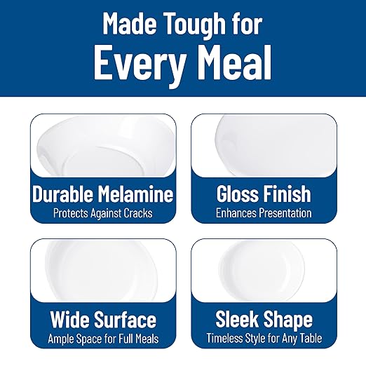 Carlisle FoodService Products Stadia Reusable Plastic Plate Pasta Plate for Home and Restaurant, Melamine, 9.5 Inches, White