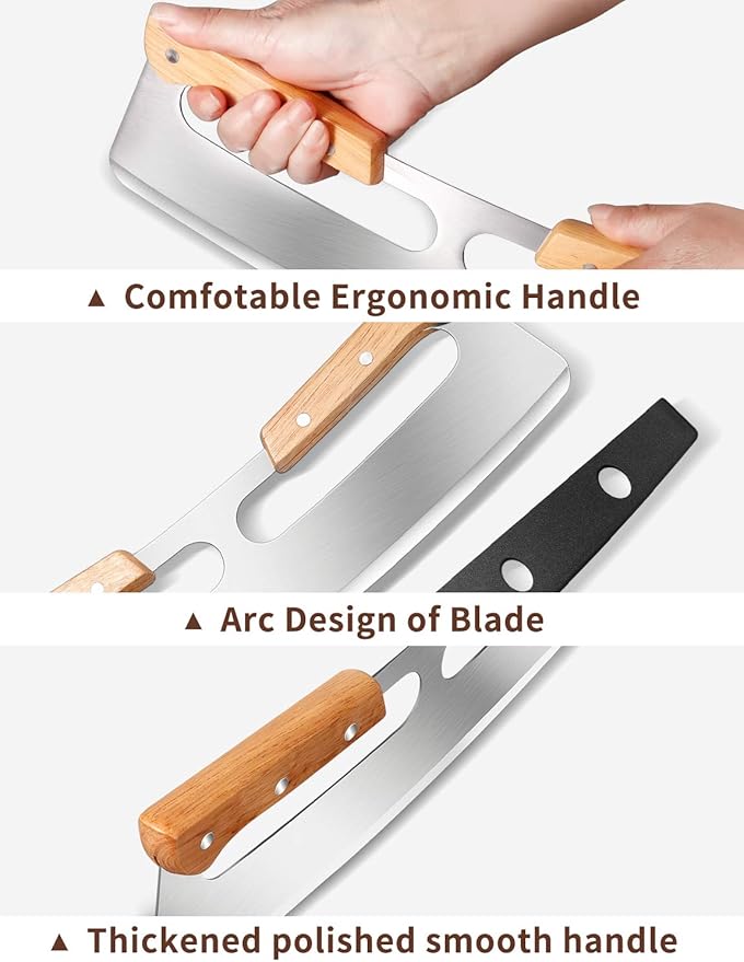 FENGCHEN 14Inch Pizza Cutter Rocker Style , Very Sharp Stainless Steel Pizza Blade Slicer,Suitable For Fruit Salad Bread Type Chopped Sliced ,Black Protective Case Double Wooden Handle Handle