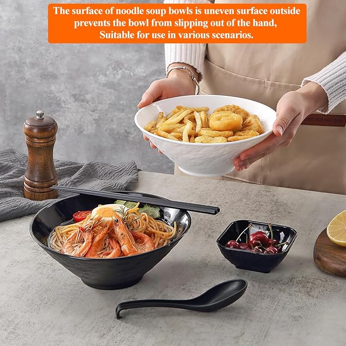 Kyraton Ramen Bowl Set 40oz with Chopsticks Dipping Bowls and Spoons: 2 large Unbreakable Japanese Style Plastic Noodle Soup Bowls for Asian Pho Soup Thai Miso Udon Wonton (Black, White)