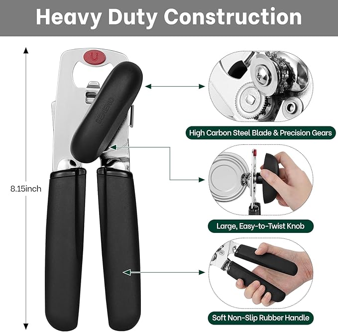 Beneno Can Opener, Heavy Duty Manual Can Opener with Magnet Lid Lifter & Bottle Opener, Hand Can Opener Manual with Ergonomic Soft Grip, Easy Turn Knob for Arthritis & Weak Hands, Easy to Use, Black