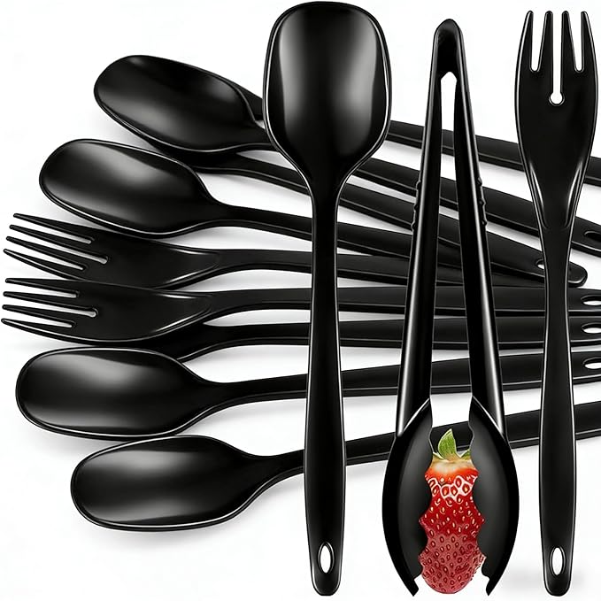 20Pcs Disposable Plastic Serving Utensils for Parties, Buffet Serving Utensils Set-8 Black Plastic Serving Spoons, 4 Tongs and 8 Forks for Catering, Entertaining and Parties