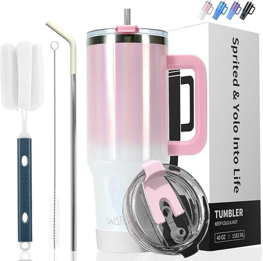 30 oz Shiny Tumbler with Handle,Tumbler with Lid and Straw,Double Wall Insulated Cup Stainless Steel Travel Mug(Cold for 34 Hours),Water Bottle for Iced Tea,Coffee,Cold Beverages(Pink)