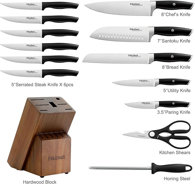 Knife Set 14-Piece Ultra-Sharp Full Tang Chef Knives with Block and Sharpener, High-Carbon Steel Black Handle for Kitchens, BBQs and Feasts, Rust-Resistant, Dishwasher-Safe, Gift for Chefs