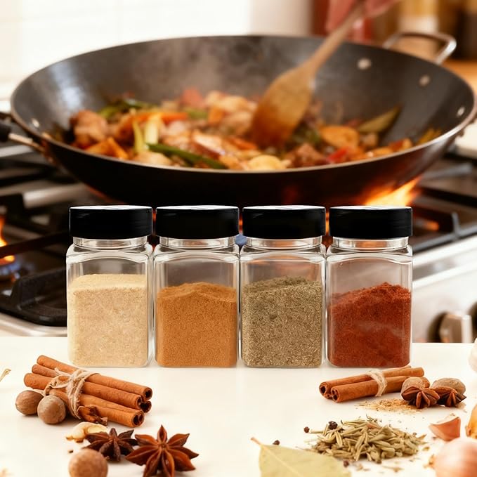 PineHaven 28 Pcs 12 oz Plastic Spice Jars with Black Cap,Square Plastic Bottle Containers with Lid and Stickers,Empty Seasoning Bottles Clear Spice Shaker for Storage Spices, Coffee, Tea, Herbs