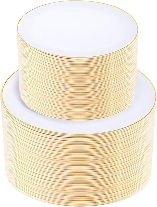 KIRE 200PCS Gold Plastic Plates - Disposable Plates for Party - White Plastic Plates with Gold Rim Include 100 for Dinner and 100 for Dessert/Salad in Wedding/Party/Spring/Ramadan